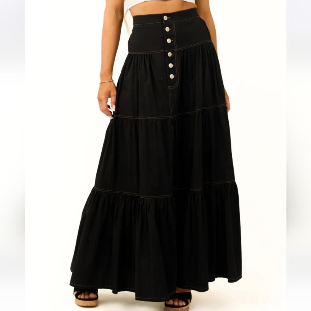 Black Button-Front Maxi Skirt